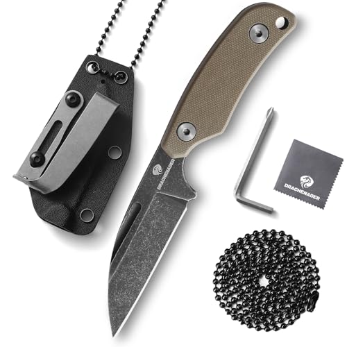 DRACHENADER Neck Knife, D2 Stahl, Sheepfoot Full Tang Klinge 7,6 cm, Kleines Messer mit Kydex-Scheide, Kugelkette und Gürtel-Clip, Blackwash-Finish Klinge und G10 Khaki Griff von DRACHENADER