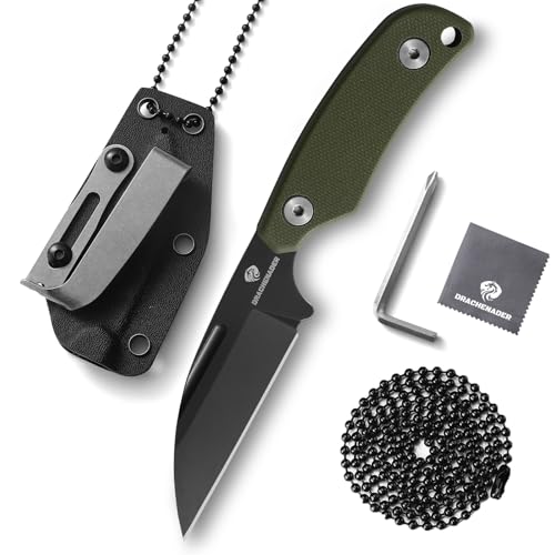 DRACHENADER Neck Knife D2 Stahl, Kleines Messer mini outdoor Messer mit Kydex-Scheide, Kugelkette, Gürtel-Clip, Blackwash-Finish Klinge und grünem G10 Griff von DRACHENADER