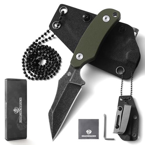 DRACHENADER Neck Knife Klein X-WH, Wharncliffe D2 Stahl Feststehende 7, 6 cm Klinge, Full Tang mini Messer mit Kydex Scheide, Kugelkette, und Gürtel-Clip, Blackwash-Finish Klinge + G10 Griff Grün von DRACHENADER