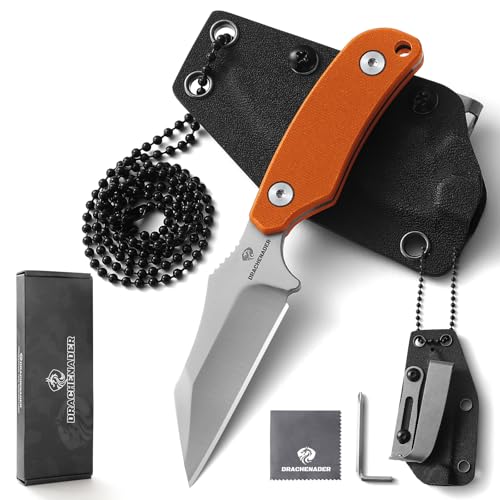 DRACHENADER Neck Knife Klein X-WH, Wharncliffe D2 Stahl Feststehende 7, 6 cm Klinge, Full Tang mini Messer mit Kydex Scheide, Kugelkette, und Gürtel-Clip, Klinge Silber+ G10 Griff Orange von DRACHENADER