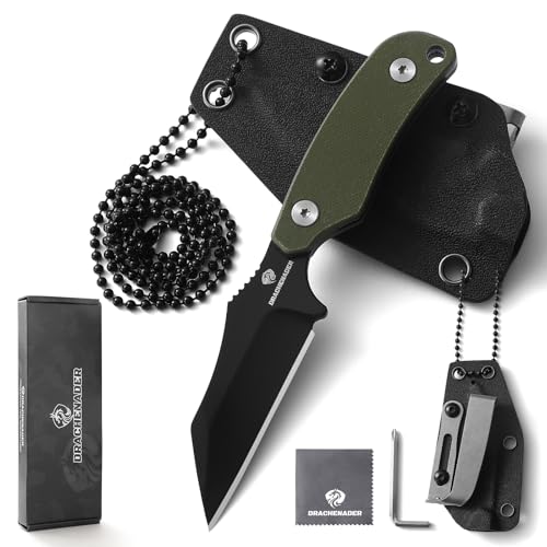 DRACHENADER Neck Knife Klein X-WH, Wharncliffe D2 Stahl Feststehende 7, 6 cm Klinge, Full Tang mini Messer mit Kydex Scheide, Kugelkette, und Gürtel-Clip, Schwarze Klinge + G10 Grüner Griff von DRACHENADER