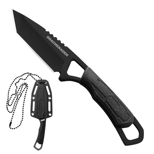 DRACHENADER Neck Knife Messer, tanto knife mini full Tang Outdoor feststehendes Messer klein small Messer mit Kunststoffscheide, voll schwarz von DRACHENADER