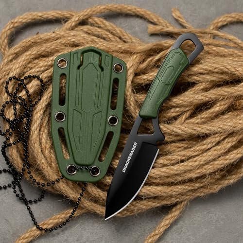 DRACHENADER Neck Knife Messer 42a Zweihandmesser EDC mini Fulltang knife mit 6,9 cm Klingenlänge und ABS-Scheide, schwarze Klinge + grüner Griff von DRACHENADER