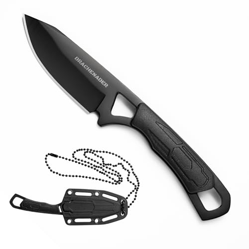 DRACHENADER Neck Knife Messer 42a konform Klein, Zweihandmesser, EDC-Messer, Fulltang, 6,9 cm Klingenlänge mit ABS-Scheide, schwarze Klinge + schwarzer Griff von DRACHENADER