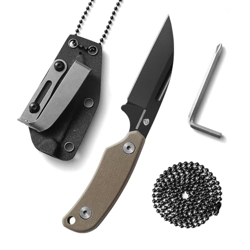 DRACHENADER Neck Knife klein mit Kydex-Scheide, Kugelkette und Clip, Kleines Gürtlemesser Messer outdoor mit 7,6 cm D2-Stahl Sheepfoot-Klinge, Full Tang, G10-Griff, Schwarz -khaki von DRACHENADER