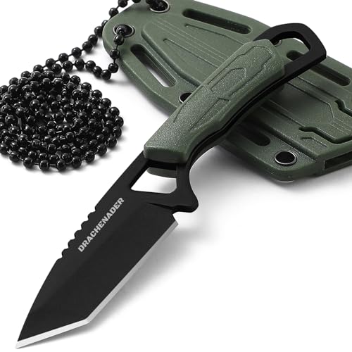 DRACHENADER Neck knife klein tanto mini Neck Knife Messer Outdoor Messer feststehendes mit ABS Kunststoffscheide, Schwarze Klinge + Grüner Griff von DRACHENADER
