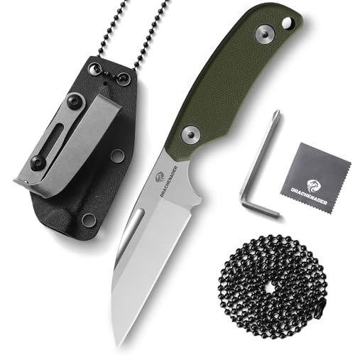 DRACHENADER Outdoor-Messer, D2 Stahl, Schafsfuß Full Tang Klinge 7,6 cm, Mini Neck Knife mit Kydex-Scheide, Kugelkette, Gürtel-Clip, silberne Klinge und grüner G10 Griff von DRACHENADER