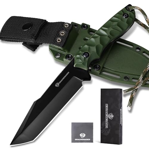 DRACHENADER Outdoor Messer Survival B-ER-TANTO POINT, 13 cm Klingenlänge, Feststehendes Gürtelmesser aus 5Cr14MoV Stahl, mit Kydex Scheide, Schwarze Klinge + Grüner ABS Griff von DRACHENADER