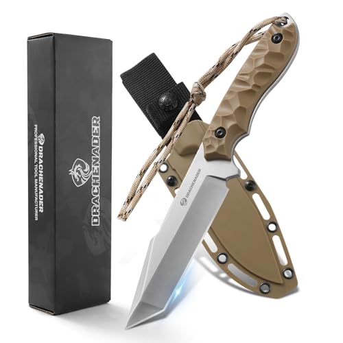 DRACHENADER Tanto Messer B-ER-TANTO POINT, Outdoor Survival Feststehendes Messer, Gürtelmesser aus 5Cr14MoV Stahl, mit Scheide, Klinge Silber - Griff ABS Khaki von DRACHENADER