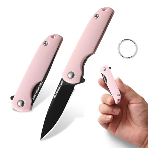 DRACHENADER Taschenmesser Klein, Klappmesser 5, 2 cm Klingenlänge, 5cr13mov Stahl Einhandmesser, Schlüsselanhänger Mini Messer für Frauen Outdoor, Klinge Schwarz- Rosa Griff von DRACHENADER