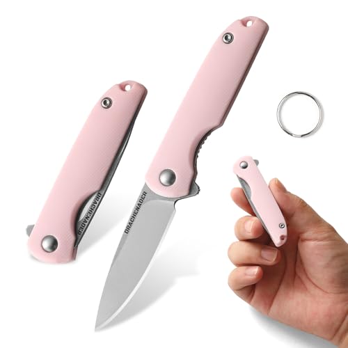 DRACHENADER Taschenmesser Klein Klingenlänge 5, 2 cm Klappmesser, 5Cr13Mov Stahl Mini Einhandmesser, Schlüsselanhänger Messer für Frauen Outdoor, Silber Klinge - Rosa Griff von DRACHENADER