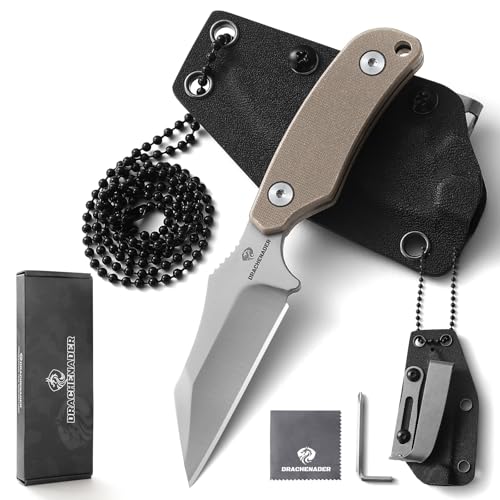 DRACHENADER X-WH Neck Knife Messer, Wharncliffe D2 Stahl Feststehende 7, 6 cm Klinge, Full Tang mini Kleines Messer mit Kydex Scheide, Kugelkette, und Gürtel-Clip, Klinge Silber+ G10 Griff Braun von DRACHENADER