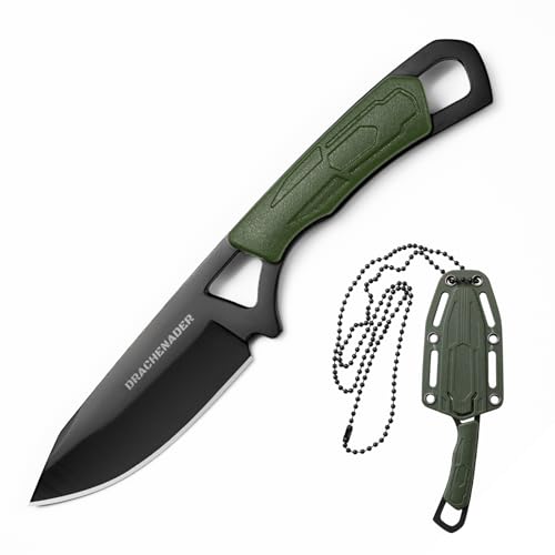 DRACHENADER Neck Knife Messer 42a Zweihandmesser EDC mini Fulltang knife mit 6,9 cm Klingenlänge und ABS-Scheide, schwarze Klinge + grüner Griff von DRACHENADER