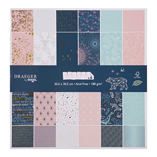 DRAEGER PARIS 1886 PS166 Papier Scrapbooking, Nachtblau und Pastellrosa, 30,5 x 30,5 cm von DRAEGER