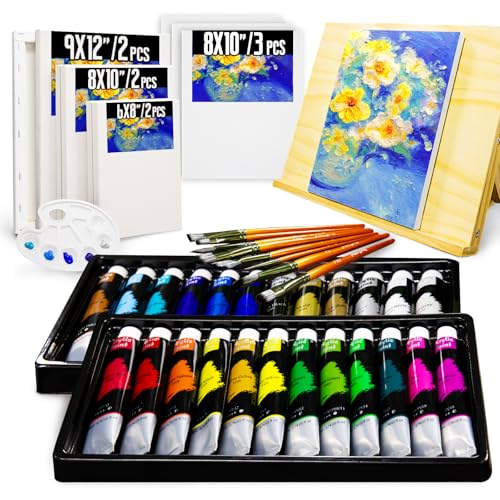 DRAWLEX 43-teiliges Malset, Malset, Acrylfarben-Set mit 6 Leinwand, Malzubehör-Set mit Tischstaffelei, 24 Farben (22 ml), 8 Pinsel, ideales Geschenk für Kinder und Erwachsene von DRAWLEX