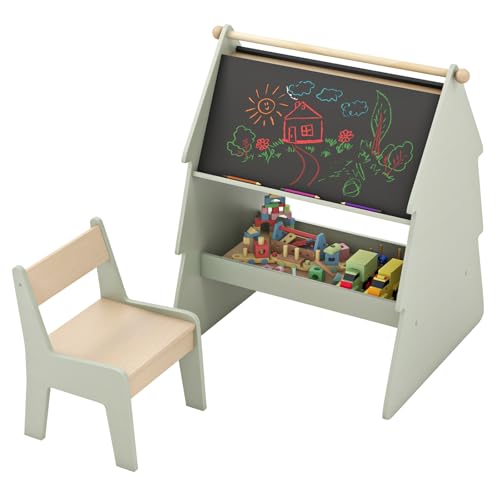 2-in-1 Kinder Staffelei mit Hocker, Doppelseitige Kindertafel mit Papierrolle & Ablagefläche, Weihnachtsbaumformige Kindersitzgruppe aus Holz für Zeichnen & Lesen, für Kinderzimmer & Spielzimmer von DREAMADE