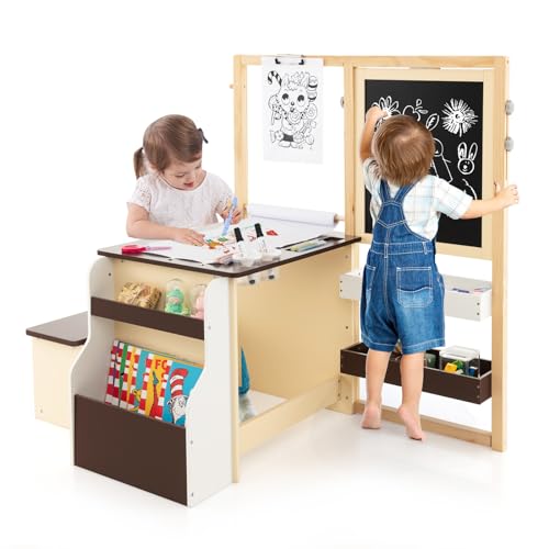 DREAMADE 3 in 1 Kindersitzgruppe, höhenverstellbares Kinder Tisch Stuhl Set mit Strauraum, Papierrolle, Ablagefächer & Bücherregal, Kinder Staffelei Maltisch Set für Kinder ab 3 Jahren (Kaffee) von DREAMADE