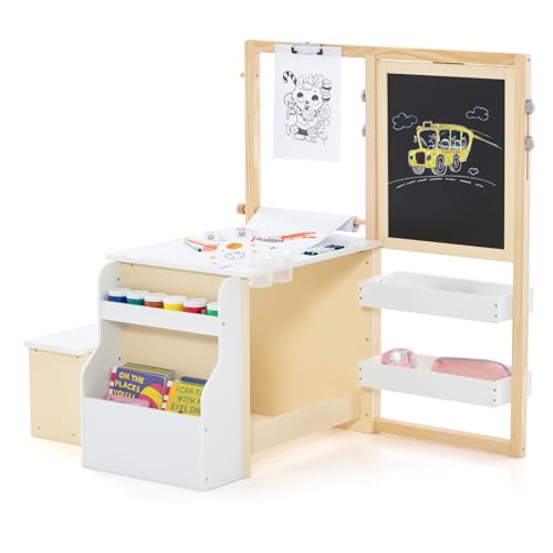 DREAMADE 3 in 1 Kindersitzgruppe, höhenverstellbares Kinder Tisch Stuhl Set mit Strauraum, Papierrolle, Ablagefächer & Bücherregal, Kinder Staffelei Maltisch Set für Kinder ab 3 Jahren (Weiß) von DREAMADE