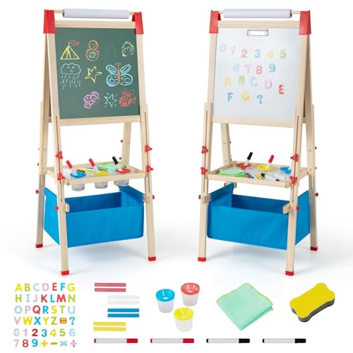 DREAMADE 3-in-1 Staffelei für Kinder, doppelseitige Kinder Staffelei aus Holz mit magnetischer Tafel & Whiteboard, Papierrolle & Malzubehör, Kleinkind höhenverstellbare Zeichentafel mit Aufbewahrungs von DREAMADE