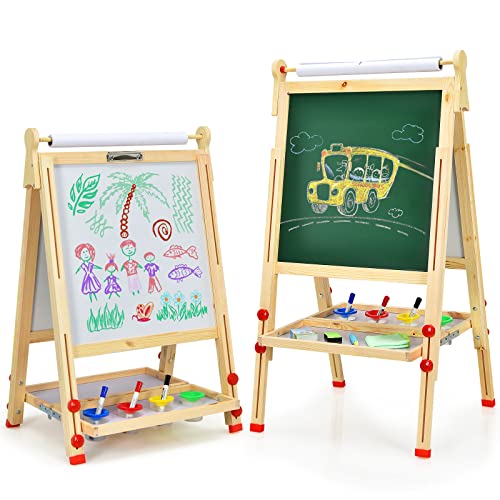 DREAMADE 3 in 1 doppelseitige Kinder Staffelei aus Holz, höhenverstellbare Kinderstaffelei Kindertafel mit Papierrolle Whiteboard und Kreidetafel, inkl. Alphabet Marker Kreide Radiergummi von DREAMADE