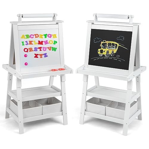 DREAMADE doppelseitige Kinder Staffelei aus Holz, Kinderstaffelei mit Ablage, Kindertafel mit Papierrolle Whiteboard und Kreidetafel, inkl. 2 Stoffboxen (Beige) von DREAMADE