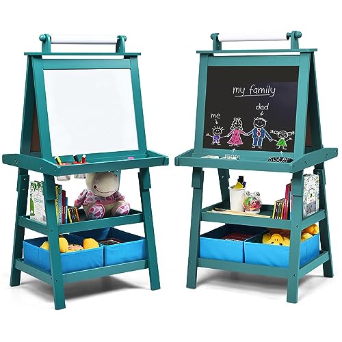 DREAMADE doppelseitige Kinder Staffelei aus Holz, Kinderstaffelei mit Ablage, Kindertafel mit Papierrolle Whiteboard und Kreidetafel, inkl. 2 Stoffboxen (Grün) von DREAMADE