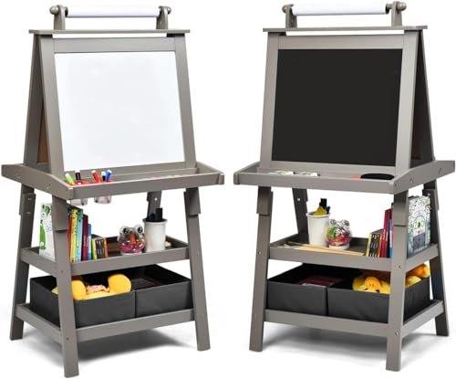 DREAMADE doppelseitige Kinder Staffelei aus Holz, Kinderstaffelei mit Ablage, Kindertafel mit Papierrolle Whiteboard und Kreidetafel, inkl. 2 Stoffboxen (Kaffee) von DREAMADE