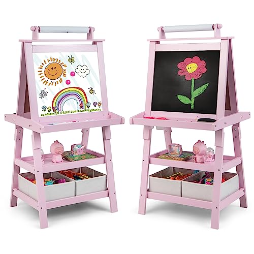 DREAMADE doppelseitige Kinder Staffelei aus Holz, Kinderstaffelei mit Ablage, Kindertafel mit Papierrolle Whiteboard und Kreidetafel, inkl. 2 Stoffboxen (Rosa) von DREAMADE