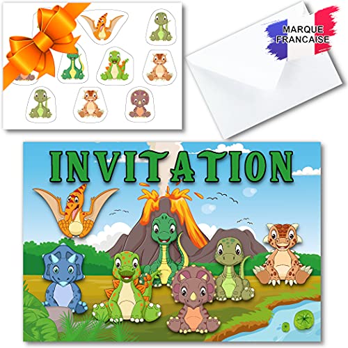 Einladungskarte zum Geburtstag für Jungen auf Französisch mit Dinosaurier-Motiv für 7 Gäste (7 Einladungskarten + 7 Umschläge + 1 Bogen mit 10 Aufklebern) Ideal für Kinder von 4 bis 10 Jahren von DREANA