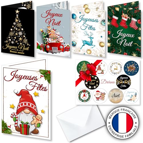 10 Klappkarten Weihnachten in französischer Sprache für Ihre Grußkarten, Einladungen oder Weihnachtsgeschenke (Set = 10 Doppelkarten + 10 Umschläge + 10 Aufkleber) 5 verschiedene Designs von DREANA