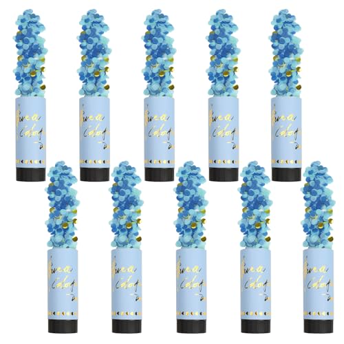 DRERIO 10 Stück Konfettikanone Blau Konfettiregen Hochzeit Party Poppers,konfettikanone hochzeit Gender Reveal Kanone,11cm mit drehbarem schwarzem Drehteller nach links für Weihnachten Jahrestag von DRERIO