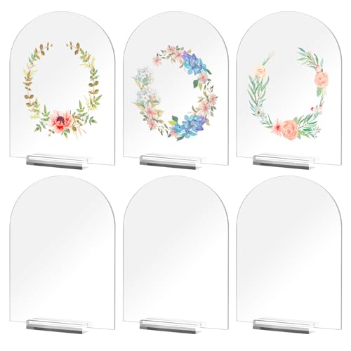 DRERIO 6 Stück Bogen AcrylSchild Blanko mit Acrylglas-Basis, Durchsichtig Tischnummern Hochzeit Gewölbt Acryl-Tischkarten, Namensschilder Hochzeit Acryl Ständer für Dekoration, Party, Jubiläum von DRERIO