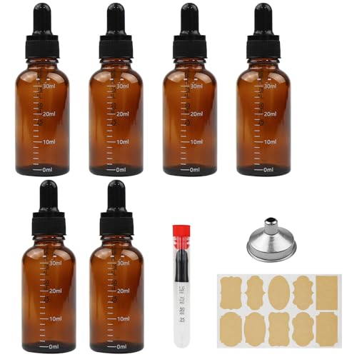 DRERIO 6 Stück Pipettenflasche 30ml Apothekerflasche Braunglas, Liquid Flaschen mit pipette, Tropfpipette mit Trichter Glaspipette Pipette Glas Aromaflasche für ätherische Öle Parfümöle Aromatherapie von DRERIO