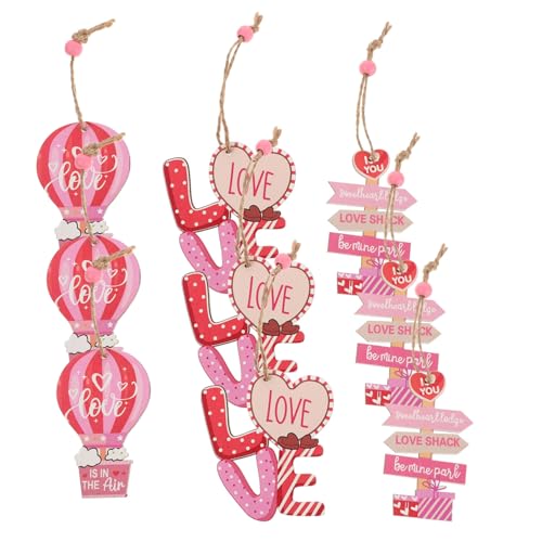 DRESSOOS 3 Boxen Valentinstag Holzanhänger Dekorationen Vintage Ornamente Rosa Rosa Heimdekoration Retro Valentinstag Holzornamente Valentinstag Herzornamente Holzherzornament von DRESSOOS