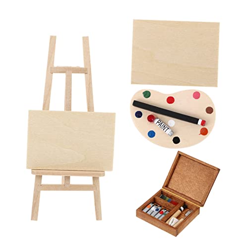 DRESSOOS 4 Teiliges Miniatur Staffelei Ölgemälde Set Aus Holz Für Aquarellkasten Dekoration Ideal Für Künstler Und Bastler Perfekt Für Miniaturwelten Und Puppenhaus Zubehör von DRESSOOS