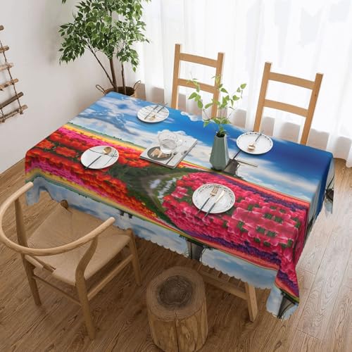 DRGFCXE Tischdecke mit roten Tulpen und Windmühlen, Spitze, Tischdekoration, Hochzeits-Tischdecke, Isolationstischdecke, quadratisch, 137,2 x 182,9 cm, Café, Picknick-Tischdecke von DRGFCXE