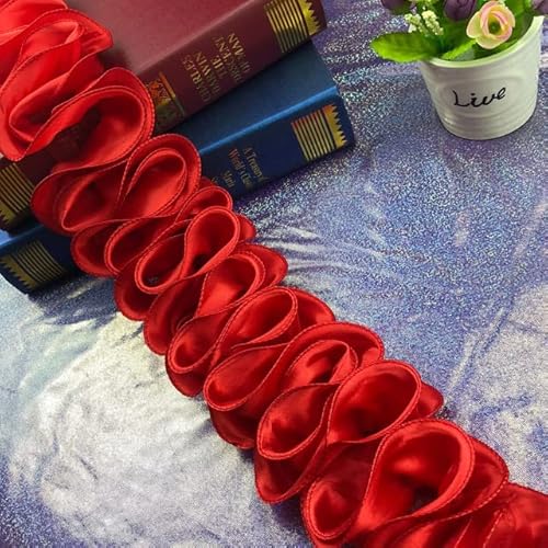 1 Yard 10 cm breit geraffte Plissee-Satin-Spitze Welle S-Form Rüschen-Rüschenbesatz-Band glänzendes Nähen-rot,1yard(91cm) von DRJUSS