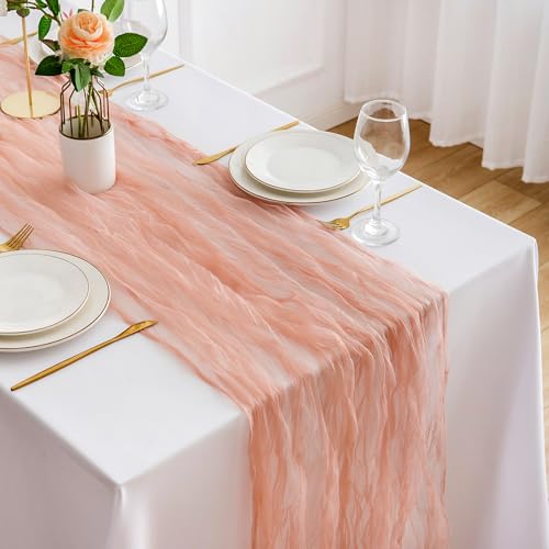 DROMCOM 4 Stück Tüll Stoff Tischläufer Korallen Rosa Käsetuch Tischläufer, 300 x 80cm Organza Tischläufer Modern Tischdeko, Boho Gaze Stoff, Rustikal Seihtuch Tischläufer für Hochzeit, Geburtstag von DROMCOM