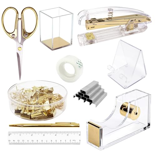 DRQ Gold Schreibtischzubehör, Bürobedarf-Set, Acryl-Hefter, Telefonhalter, Klebebandhalter, Stifthalter, Kugelschreiber, Schere, Binder-Clips, Lineal, transparenter Kleber und Heftklammern von DRQ