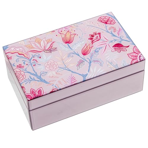 DRW Rechteckige Schmuckschatulle aus Glas mit Blumen in Rosa, 21 x 13 x 8,5 cm von DRW