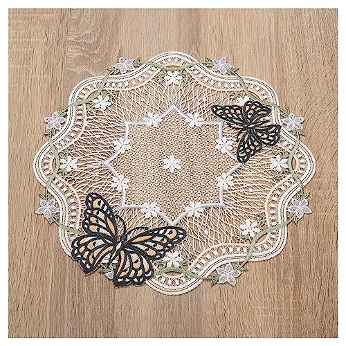 Deckchen Fiona Echte Plauener Spitze sommerliche Tischdecke mit kleinen Blüten und Schmetterlingen Pastell 31 cm Durchmesser rund von DSD Design-Studio Drechsler