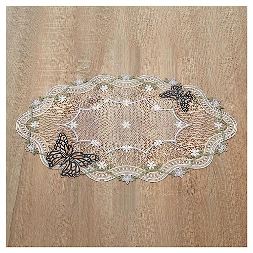 Deckchen Fiona Echte Plauener Spitze sommerliche Tischdecke mit kleinen Blüten und Schmetterlingen Pastell 50 x 30 cm oval von DSD Design-Studio Drechsler