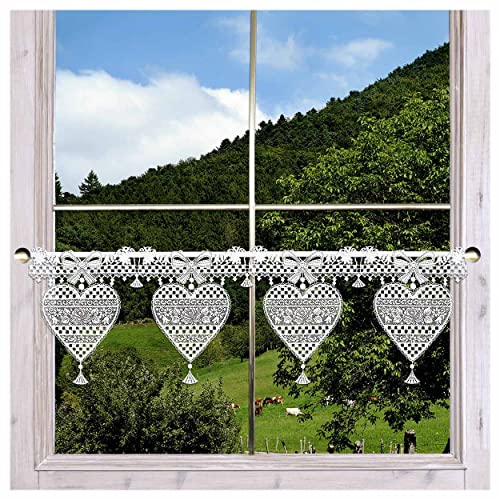 Feenhaus-Scheibenhänger Herz Annemarie Plauener Spitze in weiß-braun rustikale Kurzgardine mit Blüten im Landhaus-Stil 23 x 111 cm von DSD Design-Studio Drechsler