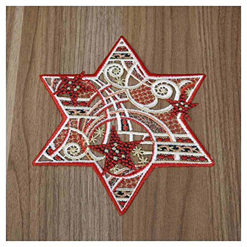 Winter-Tischdecke Sternenschweif Plauener Spitze modernes Deckchen Stern mit Mustern Tischdeko Advent rot-Gold von DSD Design-Studio Drechsler