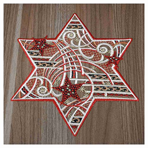 Winter-Tischdecke Sternenschweif Plauener Spitze modernes Deckchen Stern mit Mustern Tischdeko Advent rot-Gold von DSD Design-Studio Drechsler