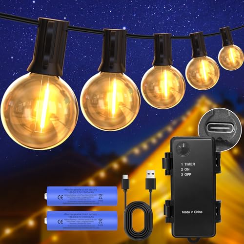 DSLebeen LED Outdoor Lichterkette Außen Batterie Timer 39FT/12M 16+1 G40 LEDs USB Aufladbar 5000mAh Batterie lichterkette für Außen, Weihnachten, Fenster, reppen, Gärten, Pavillons, Hochzeite von DSLebeen