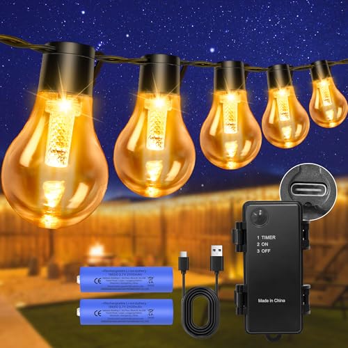 DSLebeen LED Outdoor Lichterkette Außen Batterie Timer 9M 12 Birnen A60 LEDs USB Aufladbar 5000mAh Batterie lichterkette für Außen Weihnachten，Fenster, reppen, Gärten, Pavillons, Hochzeiten von DSLebeen