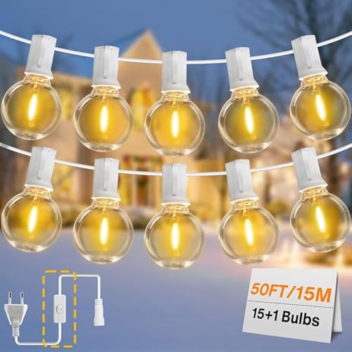 DSLebeen LED Lichterkette Außen Strom,15M/50FT 15+1 G40 LED Birnen Lichterkette mit Leitungsschalter Wasserdicht und Bruchsicher Lichterketten für Garten Balkon Hochzeit Party（Weißes Kabel） von DSLebeen