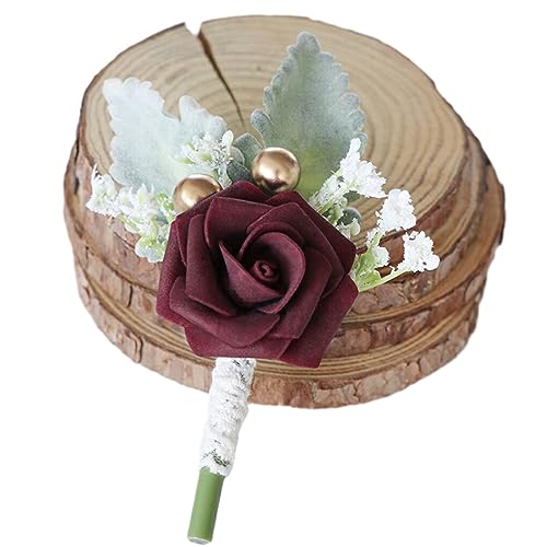 DSOUWEH Breites Anwendungsspektrum: Hochzeits Boutonniere Armband – gutes Handgefühl, stabil fixiert, realistisches Aussehen, Bräutigam Boutonniere, Weinrot von DSOUWEH