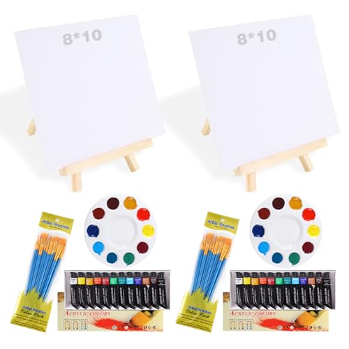 50-teiliges Acrylfarben-Leinwand-Set, Malset enthält 2 Sets mit 12 Farben Acrylfarbe, Pinsel, Leinwand, Holzstaffeleien, Kunstplatten, Kunstmalzubehör für Kinder, Erwachsene, Anfänger von DSUWAZU